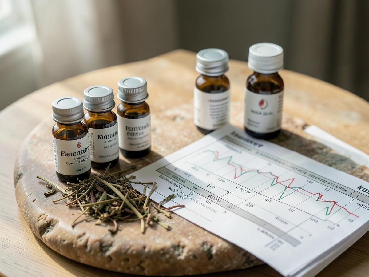 Lab vials and a health chart on a warm stone table