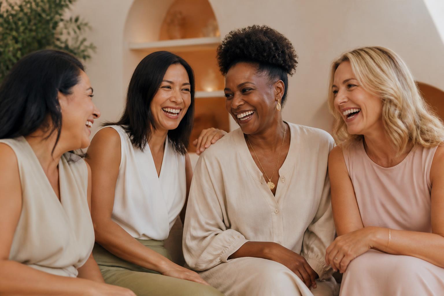 A vibrant group of women laughing together at VIP Health Aesthetics and Functional Wellness