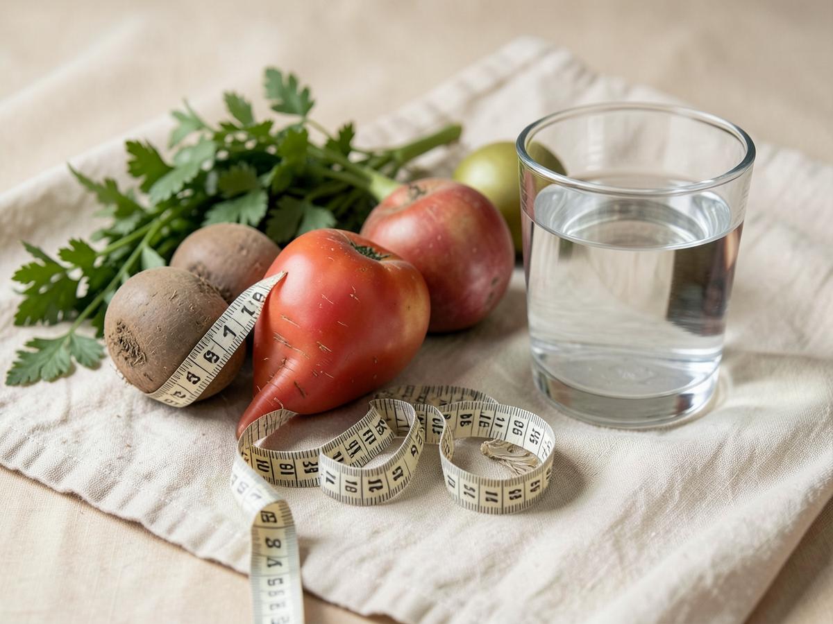 Fresh whole foods, a measuring tape and a glass of water on linen